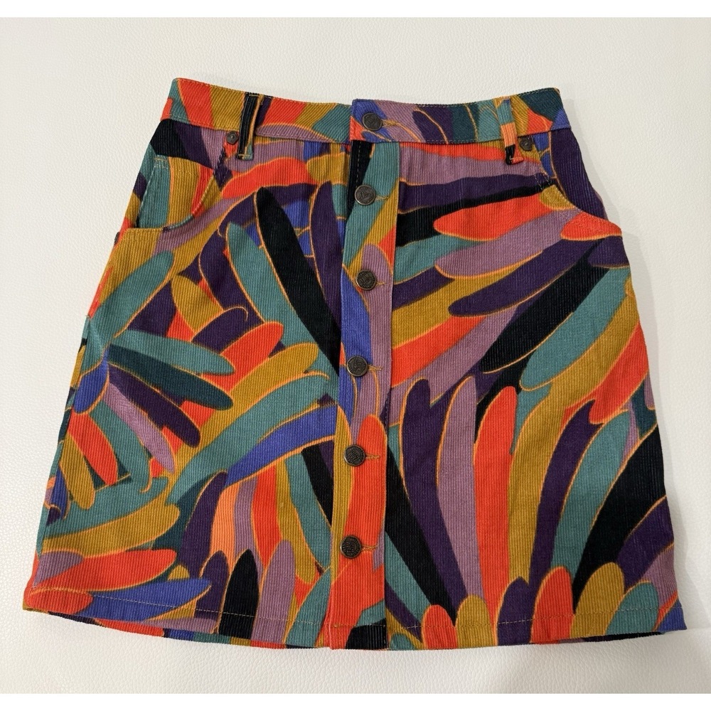 Farm Rio Kiki Corduroy Skirt Womens XS Colorful Abstract Button Festival